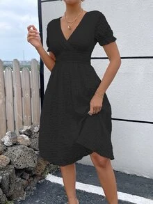 SHEIN LUNE 格紋泡泡袖腰部打褶洋裝