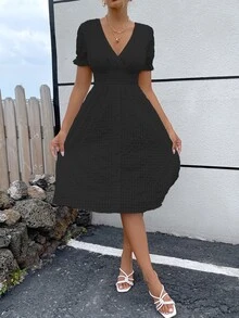 SHEIN LUNE 格紋泡泡袖腰部打褶洋裝