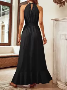 SHEIN LUNE Halter Neck Ruffle Asymmetrical Hem Belted Dress - Black - View 2