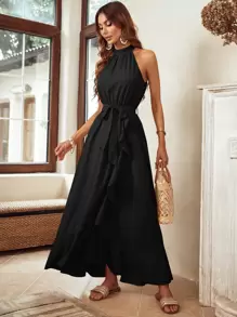 SHEIN LUNE Halter Neck Ruffle Asymmetrical Hem Belted Dress - Black - View 5