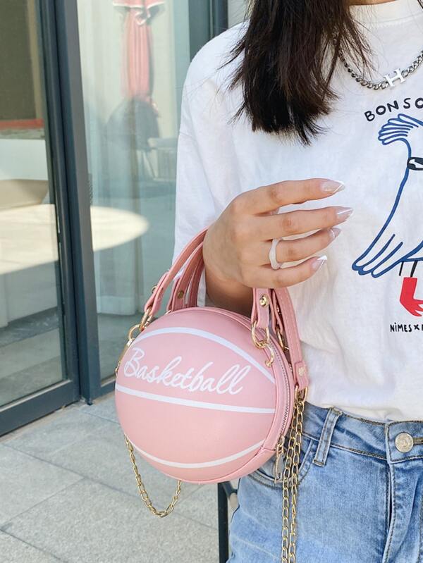 Mini Letter Graphic Basketball Design Circle Bag, Fashion Chain