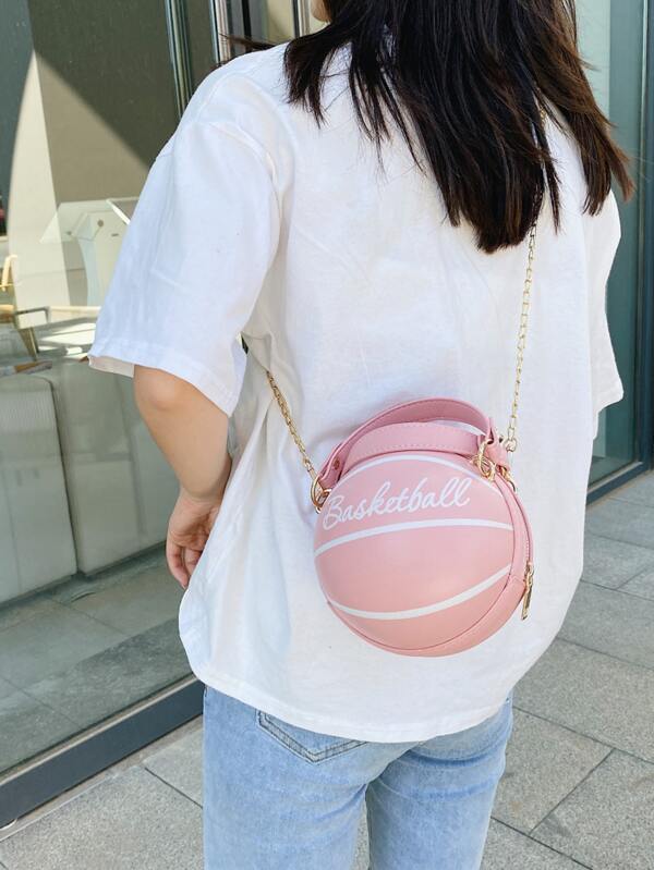 Mini Letter Graphic Basketball Design Circle Bag, Fashion Chain