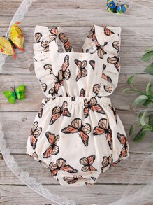 SHEIN Baby Girl Butterfly Print Ruffle Trim Square Neck Crisscross Back Bodysuit - Multicolor - View 1