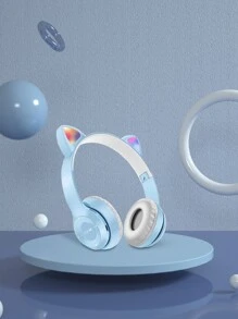 Tai nghe không dây dễ thương thiết kế tai mèo trùm đầu chống ồn phím điều khiển tích hợp mic - Màu xanh nhạt - Xem 2