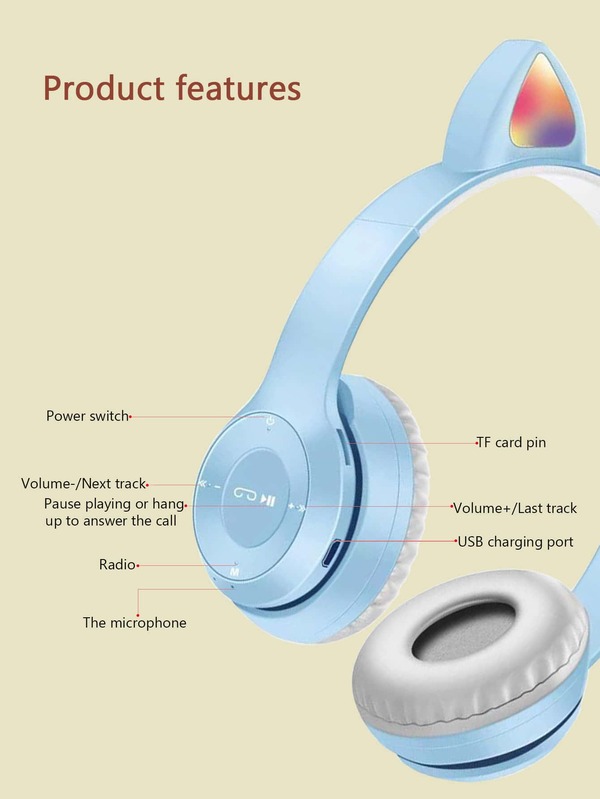 Noise Cancelling OverEar Cat Ear Design Function Key Control BuiltIn Mic Cute Wireless Headset