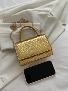 Solid Color, Mini, Fashionable PU, Branded, Elegant, Geometric Pattern Handbag - Gold - View 4