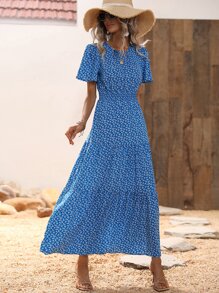 SHEIN VCAY Ditsy Floral Print Shirred Waist Ruffle Hem Dress - Blue - View 7