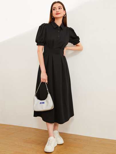 Mulvari 泡泡袖褶皺細節Polo領連衣裙