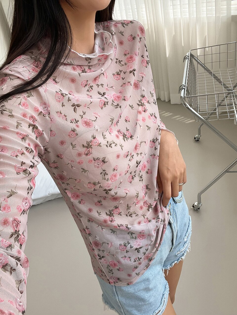 Floral Print Lettuce Trim Mesh Top