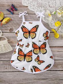 Baby Butterfly Print Bow Shoulder Cami Romper - Multicolor - View 1