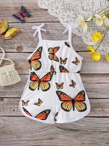 Baby Butterfly Print Bow Shoulder Cami Romper - Multicolor - View 2