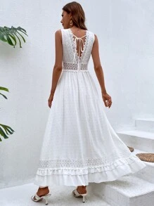 Breezaya Swiss Dot Contrast Guipure Lace Tie Back Ruffle Hem Dress - White - View 2