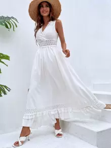 Breezaya Swiss Dot Contrast Guipure Lace Tie Back Ruffle Hem Dress - White - View 4