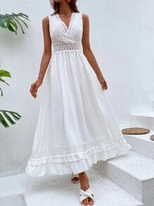 Breezaya Swiss Dot Contrast Guipure Lace Tie Back Ruffle Hem Dress - White - View 5