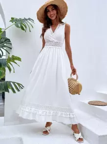 Breezaya Swiss Dot Contrast Guipure Lace Tie Back Ruffle Hem Dress - White - View 6