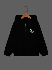 SHEIN Boys Reflective Expression Print Zipper Hooded Jacket - Black - View 1
