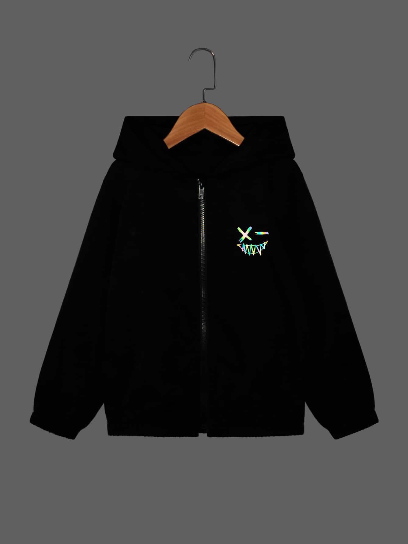 SHEIN Boys Reflective Expression Print Zipper Hooded Jacket - Black - View 1