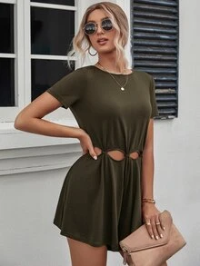 Cut Out Wide Leg Romper - Army Green - View 3