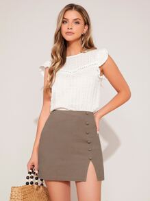 Firerie High Waist Fake Button Slit Skirt - Mocha Brown - View 3