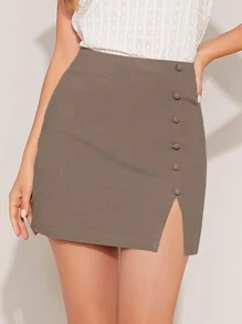 Firerie High Waist Fake Button Slit Skirt - Mocha Brown - View 4