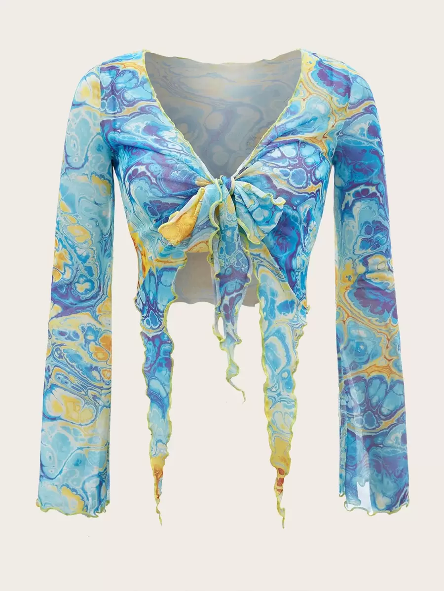 SHEIN ICON Áo thun nữ Bất đối xứng Xù nhỏ Thắt nơ trước Đồ họa Boho - Nhiều màu - Xem 1