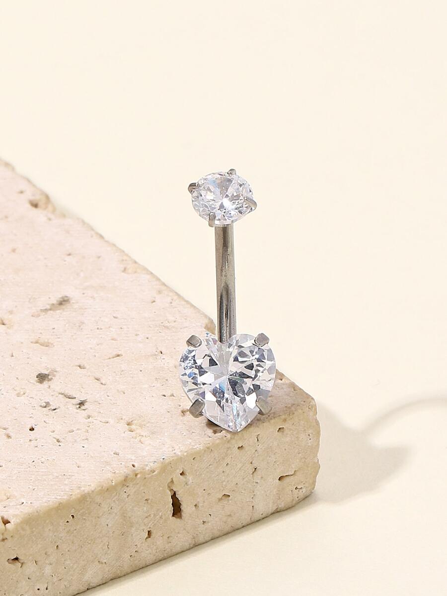 方晶鋯石愛心裝飾臍環不銹鋼時尚朋克完美穿孔適合女士和男士身體鏈禮品 - 銀色 - 查看 1