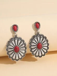 Textured Metal Flower Drop Earrings - Silver - View 1