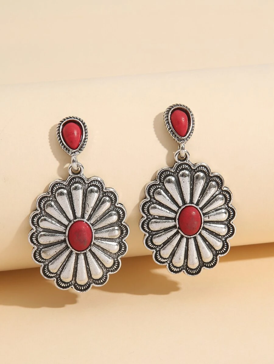 Textured Metal Flower Drop Earrings - Silver - View 1