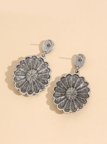Textured Metal Flower Drop Earrings - Silver - View 2