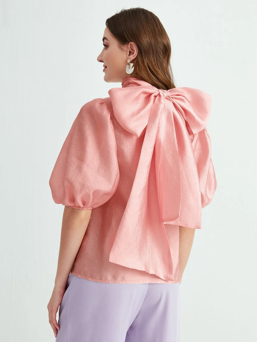 Modelyn Tie Back Puff Sleeve High Neck Blouse - Coral Pink - View 1