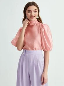 Modelyn Tie Back Puff Sleeve High Neck Blouse - Coral Pink - View 2