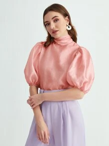 Modelyn Tie Back Puff Sleeve High Neck Blouse - Coral Pink - View 3