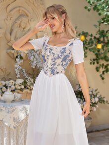 Floral Print Grommet Lace Up Front Shapewear Top - Multicolor - View 4