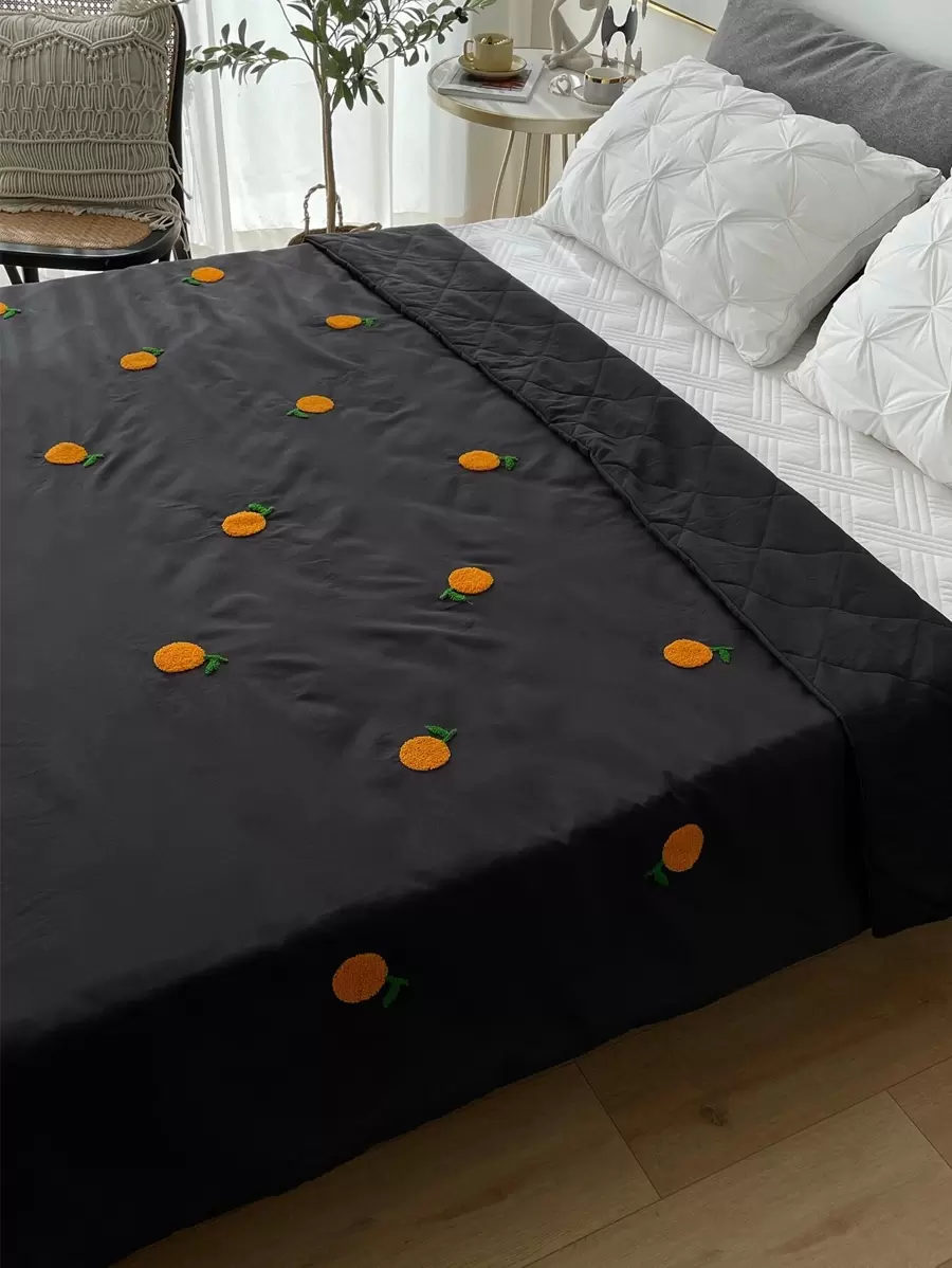 Orange Embroidered Quilted Bedspread - Black - View 1