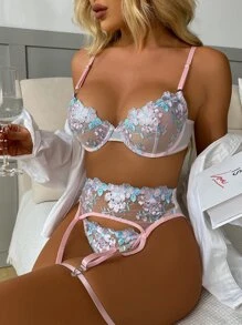 5pack Floral Embroidered Mesh Underwire Garter Lingerie Set - Multicolor - View 5