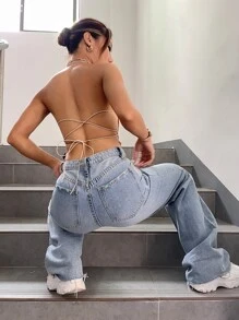 SHEIN Essnce Lettuce Trim Textured Crisscross Tie Backless Crop Halter Top - Apricot - View 2