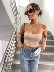 SHEIN Essnce Lettuce Trim Textured Crisscross Tie Backless Crop Halter Top - Apricot - View 5