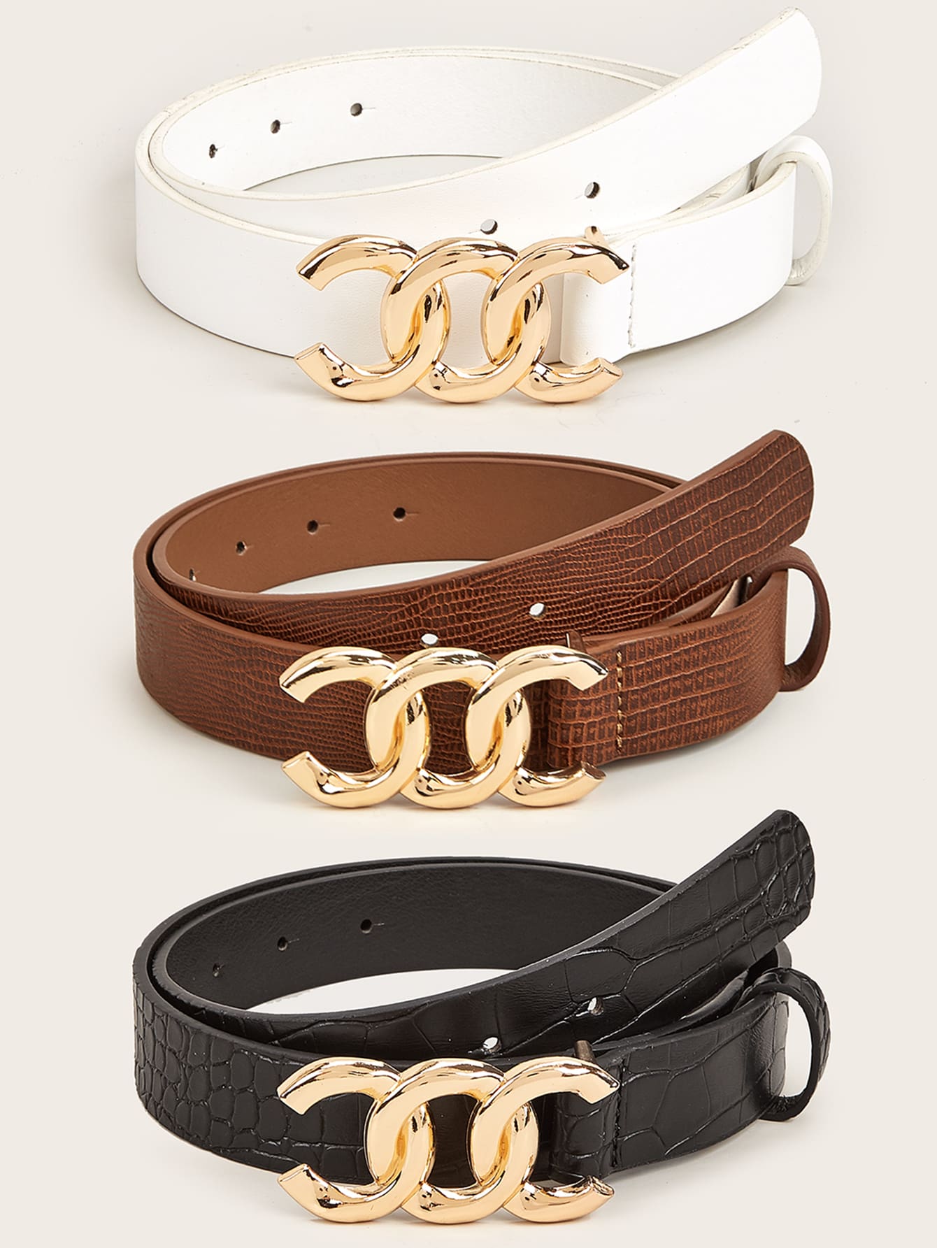 3pcs Crocodile Embossed Shaped Buckle Belt - Multicolor - View 1