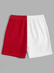 ROMWE MEN Guys Letter Lightning Graphic Colorblock Drawstring Shorts - Red and White - View 2