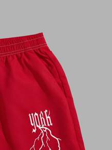 ROMWE MEN Guys Letter Lightning Graphic Colorblock Drawstring Shorts - Red and White - View 3