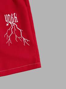 ROMWE MEN Guys Letter Lightning Graphic Colorblock Drawstring Shorts - Red and White - View 4