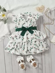 嬰兒印花蝴蝶袖多層下擺繫腰帶連衣裙 - 白色 - 查看 1