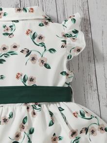 嬰兒印花蝴蝶袖多層下擺繫腰帶連衣裙 - 白色 - 查看 4