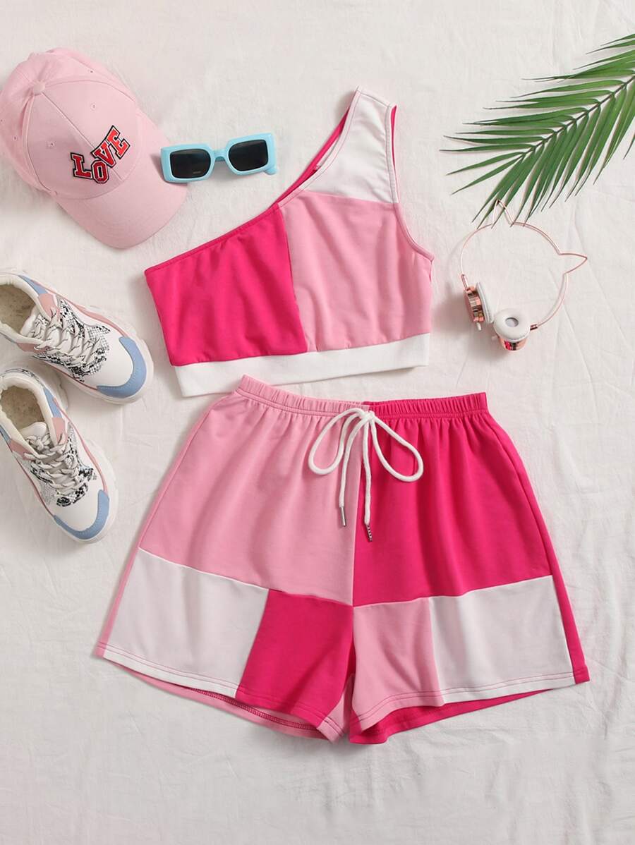SHEIN EZwear Bộ đồ hai mảnh nữ Dây kéo Khối Màu Thể thao - Hồng - Xem 1
