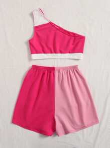 SHEIN EZwear Bộ đồ hai mảnh nữ Dây kéo Khối Màu Thể thao - Hồng - Xem 2