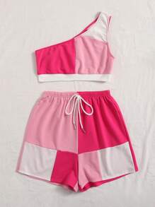 SHEIN EZwear Bộ đồ hai mảnh nữ Dây kéo Khối Màu Thể thao - Hồng - Xem 3