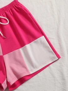 SHEIN EZwear Bộ đồ hai mảnh nữ Dây kéo Khối Màu Thể thao - Hồng - Xem 4