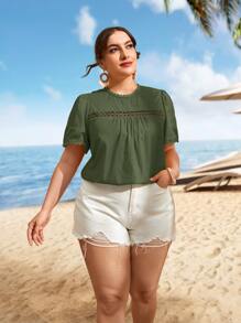 SHEIN VCAY Áo sơ mi Plus Size Nút Tương phản ren màu trơn Boho - xanh quân đội - Xem 1