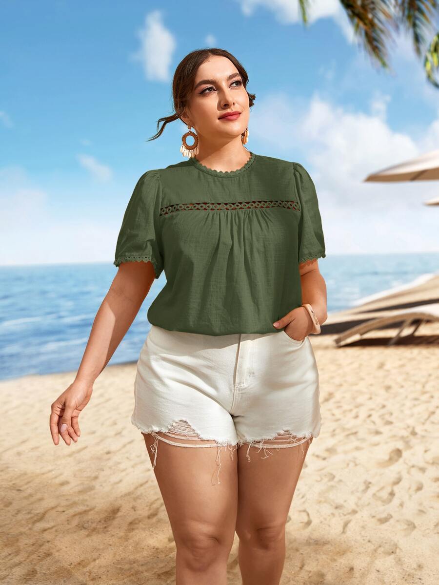 SHEIN VCAY Áo sơ mi Plus Size Nút Tương phản ren màu trơn Boho - xanh quân đội - Xem 1