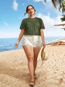 SHEIN VCAY Áo sơ mi Plus Size Nút Tương phản ren màu trơn Boho - xanh quân đội - Xem 3